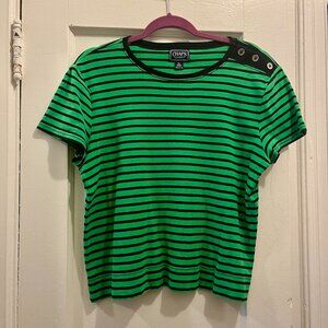 Chaps Green Stripe 100% Cotton Button Detail T Shirt XL